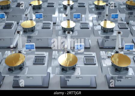 Halbleiterfertigung mit 3D gerenderten Roboterarmen mit Silizium-Wafern Stockfoto