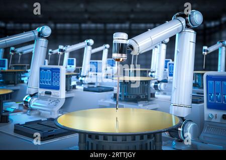 Halbleiterfertigung mit 3D gerenderten Roboterarmen mit Silizium-Wafern Stockfoto