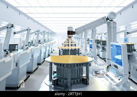 Halbleiterfertigung mit 3D gerenderten Roboterarmen mit Silizium-Wafern Stockfoto