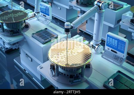 Halbleiterfertigung mit 3D gerenderten Roboterarmen mit Silizium-Wafern Stockfoto