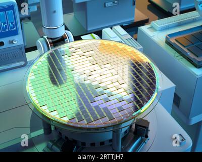 Halbleiterfertigung mit 3D gerenderten Roboterarmen mit Silizium-Wafern Stockfoto