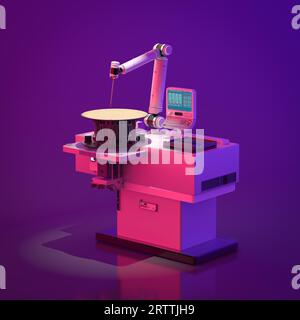 Halbleiterfertigung mit 3D-Rendering-Roboterarmen mit Silizium-Wafern auf Neonlicht-Hintergrund Stockfoto