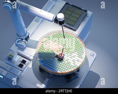 Halbleiterfertigung mit 3D gerenderten Roboterarmen mit Silizium-Wafern Stockfoto