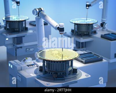 Halbleiterfertigung mit 3D gerenderten Roboterarmen mit Silizium-Wafern Stockfoto
