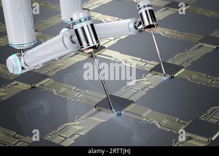 Halbleiterfertigung mit 3D gerenderten Roboterarmen mit Silizium-Wafern Stockfoto