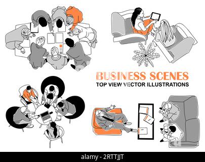 Set aus Business Scenes, Vektorlinien von oben Stock Vektor