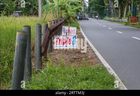 Ad-Zeichen für Glyphosat-Herbizid Triple 8 480SL (Tag Chem) in den nahe gelegenen Reisfeldern, klare Abgrenzung der Wirksamkeit von Unkrautvernichtern, Philippinen Stockfoto