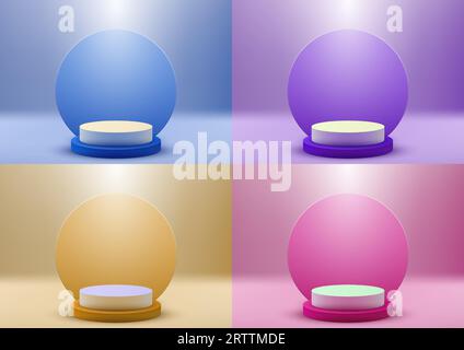 Realistischer, leerer, weißer Podiumsplatz mit kreisförmigem Hintergrund minimale Wandszene auf lebendigem Hintergrund. Sie können für die Produktpräsentation verwenden Stock Vektor