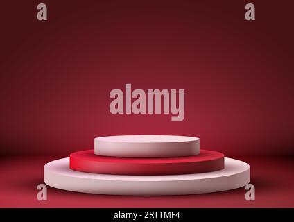 3D realistische leere rote und weiße Trittstufen stehen auf minimalem Wandbild auf rotem Hintergrund. Zur Verwendung für die Präsentation von Produkten, für kosmetische Displays Stock Vektor