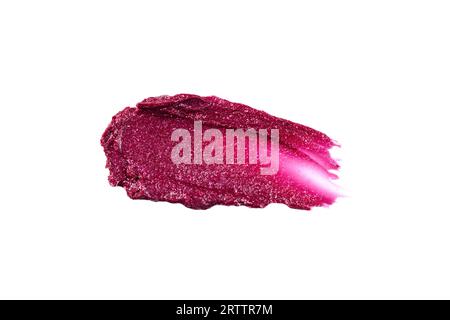 Glänzend roter Lippenstiftstrich isoliert auf weißem Hintergrund. Farbmuster aus Lipgloss oder flüssigem Lidschatten für Design. Stockfoto