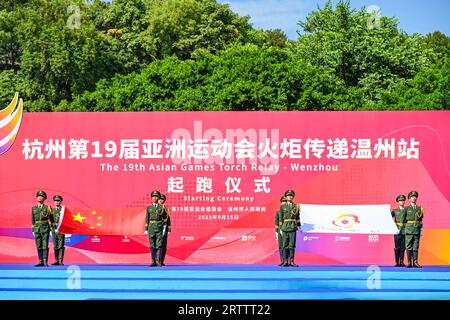 Wenzhou, Chinas Provinz Zhejiang. September 2023. Das Foto zeigt die Startzeremonie der Fackelserie der 19. Asienspiele in Wenzhou, ostchinesische Provinz Zhejiang, 15. September 2023. Quelle: Sun Fei/Xinhua/Alamy Live News Stockfoto