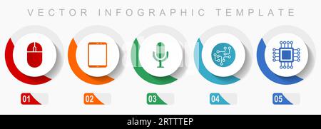 Technologiesymbolsatz, verschiedene Symbole wie Computermaus, Tablet, Mikrofon, Chip und cpu, Vektor-Infografikvorlage mit flachem Design, Webtaste Stock Vektor