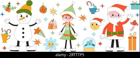 Frohe Weihnachten Groovy Set. Kollektion von Hippie-Urlaubs-Winterelementen im trendigen alten Animationsstil. Groovende Weihnachtsaufkleber. Stock Vektor