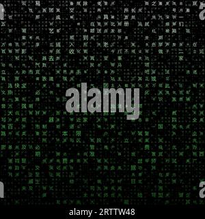 Matrixhintergrund. Zufällige Zeichen des vereinfachten chinesischen Alphabets. Gradiented Matrixmuster. Grüne Hintergründe. Horizontal kachelbar. Stock Vektor