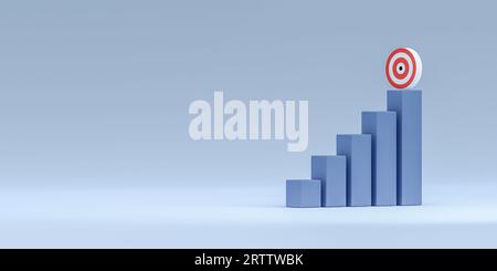 Geschäftsziel und Zielkonzept. Zielsymbol auf Wachstumshraph. 3D-Balkendiagramm mit Schritten auf blauem Hintergrund. 3D-Rendering Stockfoto