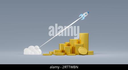 Raketenstart über Stapel goldener Münzen, reaktives schnelles Wachstum des Wirtschaftsindikators. Gelddiagramm zum Wachstum des Investitionsgeschäfts Handelsdiagramm Gewinn. Stockfoto