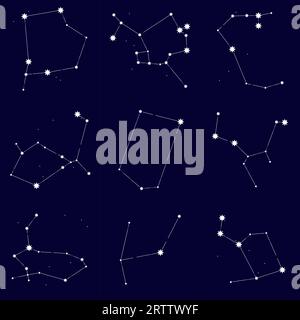 Sammlung von Feenkonstellationen gegen den Nachthimmel. Anhäufung und Assoziation von Sternen zu astrologischen Zeichen und Symbolen. Astrologischer Hintergrund. Stock Vektor