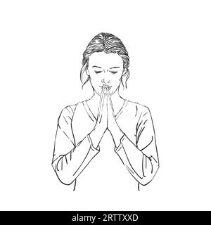 Skizze einer Frau, die mit gefalteten Händen im Gottesdienst betet, Augen in der Hoffnung geschlossen, handgezeichnete Vektorillustration Stock Vektor