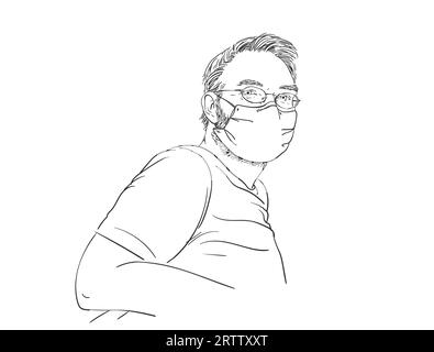 Coronavirus. Mann, der medizinische Gesichtsmaske und Brille trägt, sitzt in entspannender Pose, Hand gezeichnetes lineares Portrait, Vektorskizze Stock Vektor