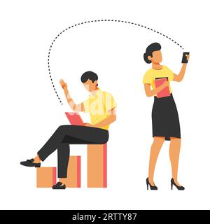 Geschäftsfrau und Geschäftsmann mit Handy und Laptop. Vektorillustration für die Kommunikation in der betriebswirtschaftlichen Konzeptgestaltung Stock Vektor