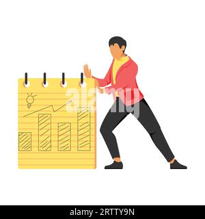 Ein Geschäftsmann in einer roten Jacke und einer schwarzen Hose schiebt eine Grafik auf den Kalender, um das Geschäftskonzept zu illustrieren Stock Vektor