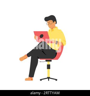Abbildung eines Mannes, der auf einem Stuhl sitzt und einen Laptop verwendet. Flacher Stilvektor für Business-Konzeptdesign Stock Vektor