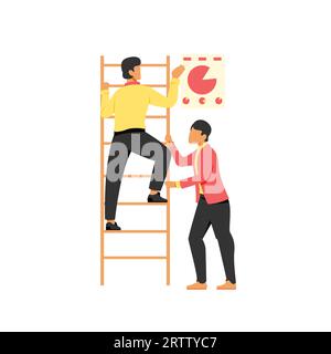 Mann und Frau, die an Leitern für ein Business-Teamwork-Konzept arbeiten Cartoon-Vektor-Illustration auf weißem Hintergrund. Stock Vektor