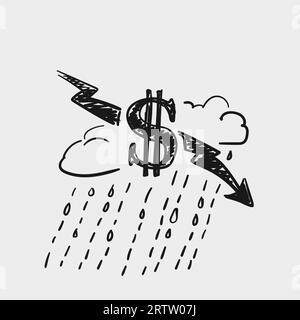 Krise Dollar Rate Abnahme, Geldsymbol mit Pfeil nach unten Blitz auf regnerischen Wolkenvektor schnelle Skizze, Hand gezeichnete Illustration Stock Vektor