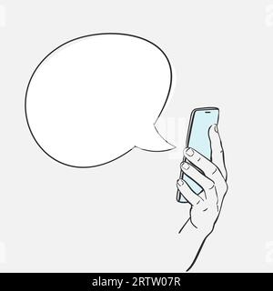 Sprechblase von blauem Smartphone in der Hand, handgezeichnete Illustration isolierte Vektorskizze Stock Vektor