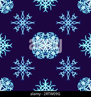 Nahtlos gemusterte Schneeflocke leuchtende Desktop-Ikone, Neon-Aufkleber, Neon-Figur, leuchtende Figur, geometrische Neon-Figuren Stockfoto