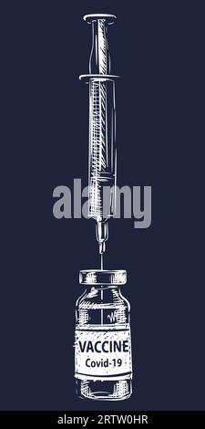 Impfstoff COVID-19 Spritze und Durchstechflasche Medizinflasche Vektorzeichnung, weiße Zeichnung auf dunkelblauem Hintergrund. Bekämpfung des Coronavirus. Impfung, immun Stock Vektor