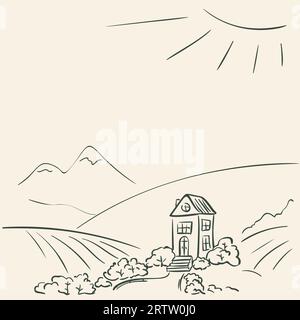 Idyllische ländliche Landschaft Doodle. Abgeschiedenes gemütliches Haus steht zwischen den Hügeln mit Bergen in der Ferne an sonnigen Tagen, Vektor Illustration Simple dra Stock Vektor