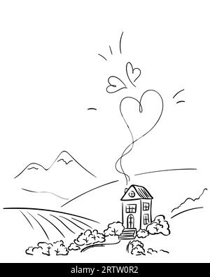 Zuhause voller Liebe mit herzförmigem Rauch aus dem Kamin, idyllische ländliche Landschaft Doodle. Abgeschiedenes gemütliches Haus steht zwischen den Hügeln mit Bergen auf t Stock Vektor