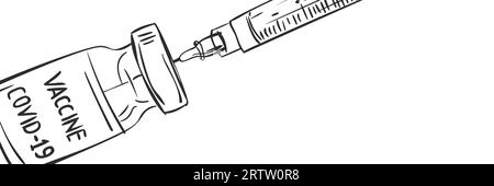 COVID-19-Coronavirus-Impfstoffflasche und Vektorzeichnung der Spritze. Nahaufnahme Hand isoliert auf weißem Hintergrund gezeichnet. Impfkonzeptbanner, va-Nehmen Stock Vektor