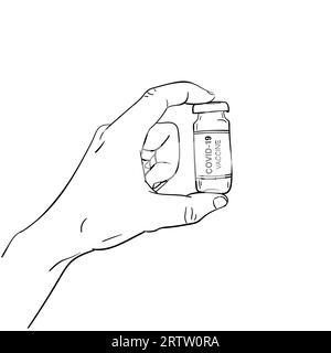 COVID-19-Impfröhrchen in der Hand. Prävention, Immunisierung und Behandlung nach Coronavirus-Konzept. Vektorskizze, handgezeichnete Illustration Stock Vektor