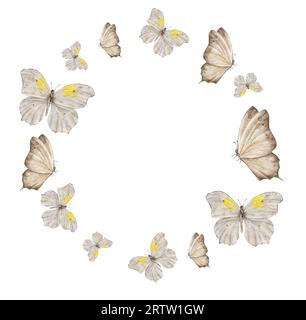 Kreiskranz mit Motte oder weißem Schmetterling. Handbemalte Wasserfarben-Insektenillustration für Poster, Einladungs- und Grußkarten. Stockfoto