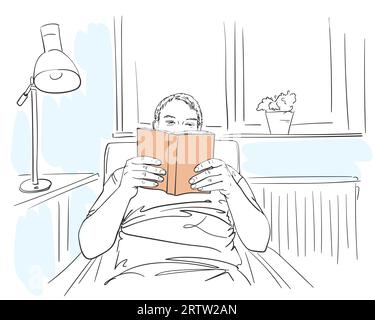 Skizze des Mannes, der Buch liest und in bequemer, entspannender Atmosphäre zu Hause sitzt, handgezeichnete Vektorillustration Stock Vektor