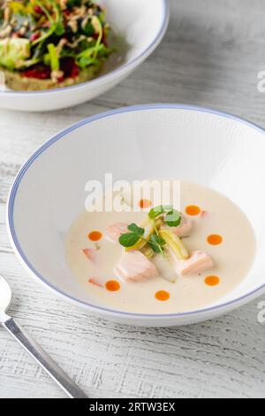 Lachssuppe auf einem weißen Porzellanteller mit Salat an der Seite Stockfoto