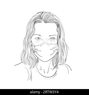 Skizze des Frauenporträts in medizinischer Gesichtsmaske gerade aussehend, Vektor-Hand gezeichnete Illustration Stock Vektor