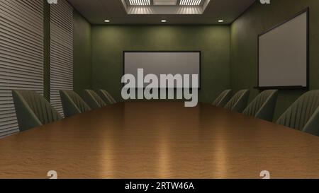 Eine 3D-gerenderte Illustration eines grünen Tagungsraums mit grünen Ledersesseln und Whiteboards. Stockfoto