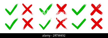 Schmutzige Grunge Hand gezeichnet mit Pinselstrichen Kreuz X und Häkchen OK Häkchen V Vektor Illustration Set Stock Vektor