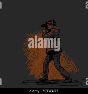 Zeichnung des Mannes mit Fotokamera, Fotograf, der Foto macht, zweifarbige Skizze auf dunklem Hintergrund, handgezeichnete Vektorillustration Stock Vektor