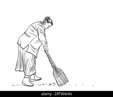 Zeichnung einer alten Frau in Übergröße, die den Boden mit Besen fegt, Vektor-Skizze, handgezeichnete Strichzeichnungen Stock Vektor