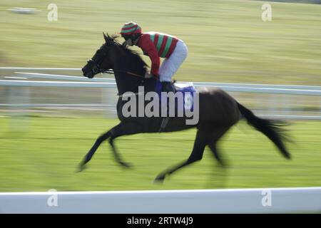 Epsom, Surrey, Großbritannien. September 2023. Spätsommerrennen auf Epsom Downs. OPS: Meleri mit Robert Dunne auf Platz 7 in der Everybody's Booking Fit Show 2025 Jump Jockeys Derby Handicap (Rennen für Professional Jump Jockeys) (Klasse 4) Credit: Motofoto/Alamy Live News Stockfoto