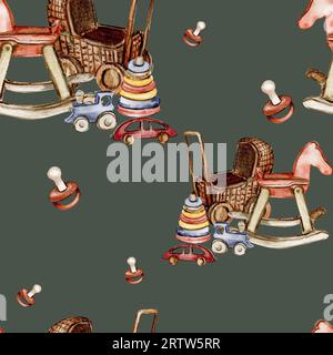 Spielzeuge im Cartoon-Stil mit nahtlosem Wasserfarbenmuster für Ihr Baby. Aquarellzeichnung von Hand. Design für Stoff, Babydusche, Geburtstag, Kuchen, Ho Stockfoto