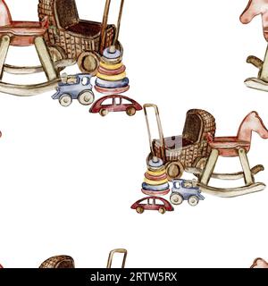 Spielzeuge im Cartoon-Stil mit nahtlosem Wasserfarbenmuster für Ihr Baby. Aquarellzeichnung von Hand. Design für Stoff, Babydusche, Geburtstag, Kuchen, Ho Stockfoto