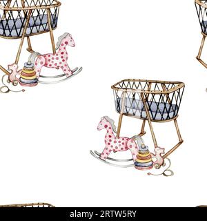 Spielzeuge im Cartoon-Stil mit nahtlosem Wasserfarbenmuster für Ihr Baby. Aquarellzeichnung von Hand. Design für Stoff, Babydusche, Geburtstag, Kuchen, Ho Stockfoto