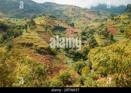 Afrikanische Landschaften mit Häusern und landwirtschaftlichen Betrieben in den Uluguru-Bergen, Tansania Stockfoto