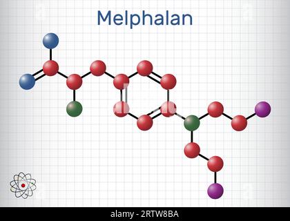 Melphalanmolekül. Es ist ein Chemotherapeutikum, ein alkylierendes antineoplastisches Mittel. Strukturelle chemische Formel und Molekülmodell. Blatt Papier in Stock Vektor