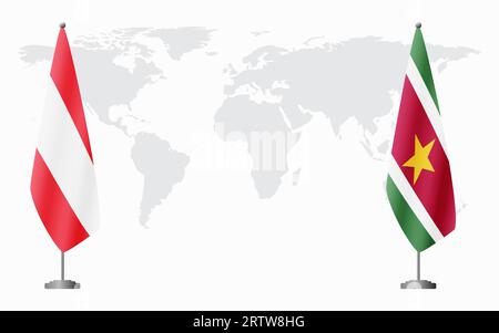 Österreich und Suriname Flaggen für offizielles Treffen vor dem Hintergrund der Weltkarte. Stock Vektor